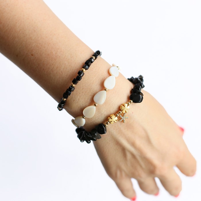 Women Gold-Plated Boho Bracelet Set 3Pcs, Onyx & Starfish, Clover Pendant, Mother of Pearl & Beads, Black & Gold-tone Beads, Bohemian Style Trendy & Adjustable Elegant Fashion Jewelry