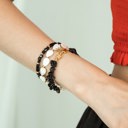  Women Gold-Plated Boho Bracelet Set 3Pcs, Onyx & Starfish, Clover Pendant, Mother of Pearl & Beads, Black & Gold-tone Beads, Bohemian Style Trendy & Adjustable Elegant Fashion Jewelry