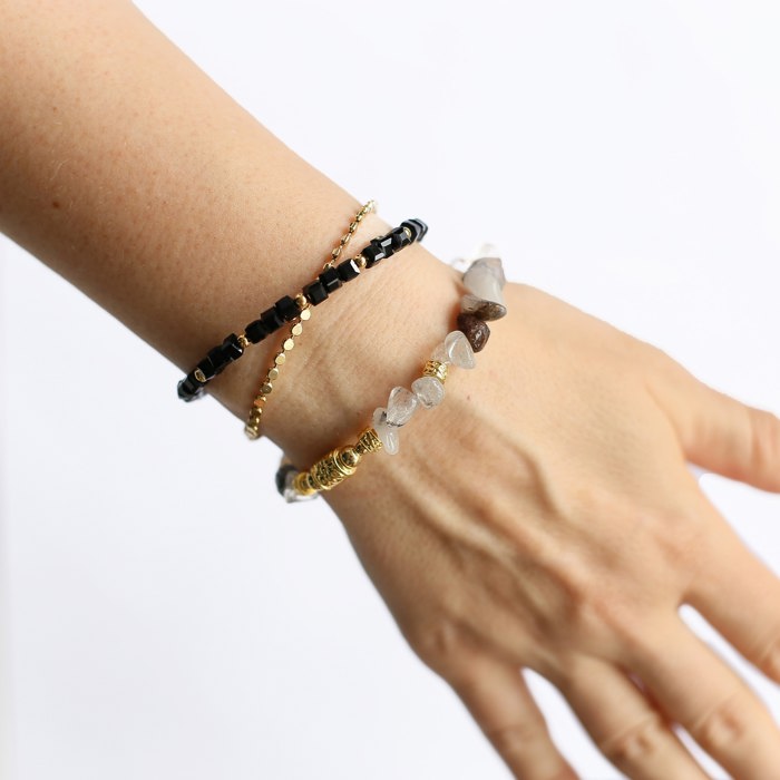 Women Gold-Plated Boho Bracelet Set 3Pcs, Chain, Quartz & Gold-tone Bead, Black & Gold-tone Beads, Bohemian Style Trendy & Adjustable Elegant Fashion Jewelry