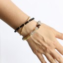  Women Gold-Plated Boho Bracelet Set 3Pcs, Chain, Quartz & Gold-tone Bead, Black & Gold-tone Beads, Bohemian Style Trendy & Adjustable Elegant Fashion Jewelry