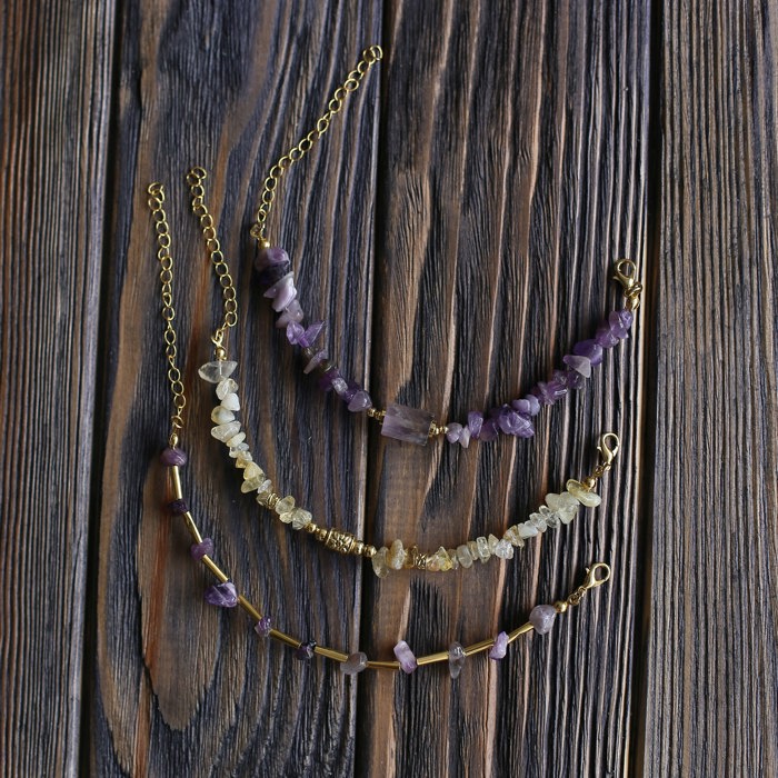 Women Gold-Plated Boho Bracelet Set 3Pcs, Amethyst & Long Gold-tone Beads, Citrine & Bead, Amethyst & Stone Pendant, Bohemian Style Trendy & Adjustable Elegant Fashion Jewelry