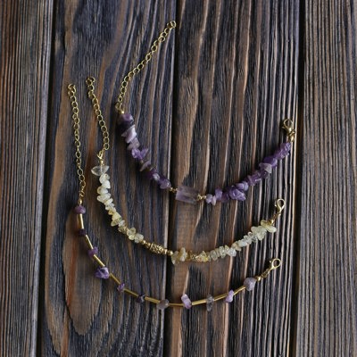 Women Gold-Plated Boho Bracelet Set 3Pcs, Amethyst & Long Gold-tone Beads, Citrine & Bead, Amethyst & Stone Pendant, Bohemian Style Trendy & Adjustable Elegant Fashion Jewelry