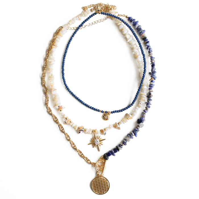 Women Gold-Plated Boho Layered Necklace Set 3Pcs, Beads with Round Pendant, Mother of Pearl with Star Pendant, Half Chain & Lapis & Round Pendant, Bohemian Trendy & Adjustable Stylish Fashion Jewelry