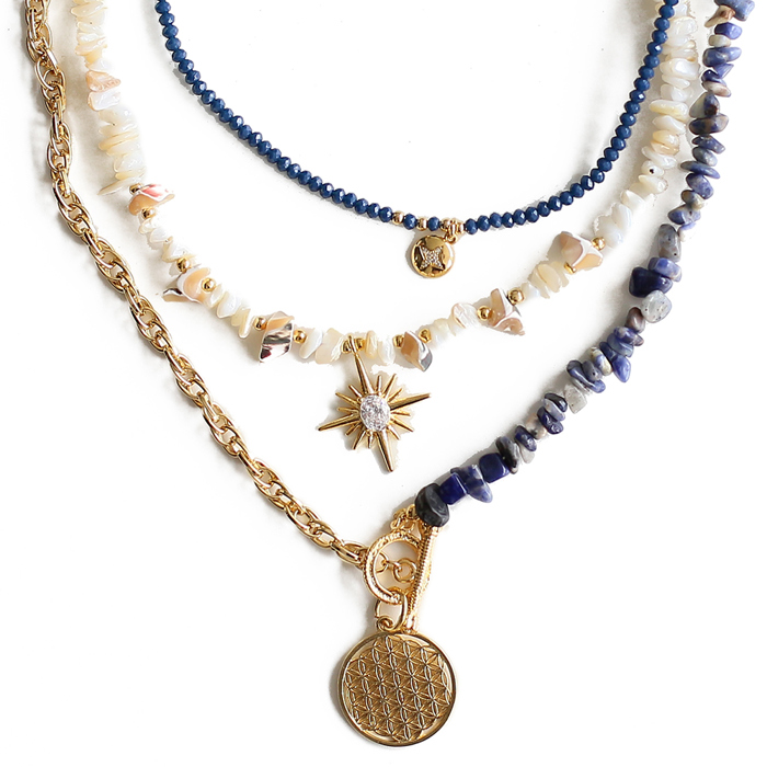 Women Gold-Plated Boho Layered Necklace Set 3Pcs, Beads with Round Pendant, Mother of Pearl with Star Pendant, Half Chain & Lapis & Round Pendant, Bohemian Trendy & Adjustable Stylish Fashion Jewelry