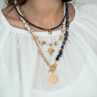 Women Gold-Plated Boho Layered Necklace Set 3Pcs, Beads with Round Pendant, Mother of Pearl with Star Pendant, Half Chain & Lapis & Round Pendant, Bohemian Trendy & Adjustable Stylish Fashion Jewelry