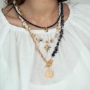  Women Gold-Plated Boho Layered Necklace Set 3Pcs, Beads with Round Pendant, Mother of Pearl with Star Pendant, Half Chain & Lapis & Round Pendant, Bohemian Trendy & Adjustable Stylish Fashion Jewelry