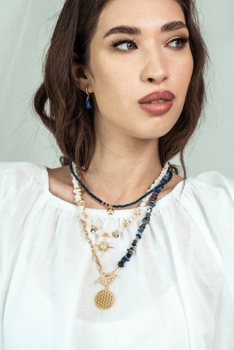 Women Gold-Plated Boho Layered Necklace Set 3Pcs, Beads with Round Pendant, Mother of Pearl with Star Pendant, Half Chain & Lapis & Round Pendant, Bohemian Trendy & Adjustable Stylish Fashion Jewelry