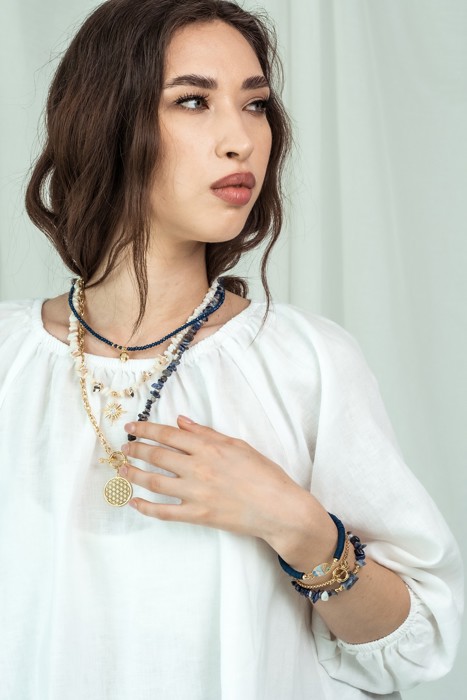 Women Gold-Plated Boho Layered Necklace Set 3Pcs, Beads with Round Pendant, Mother of Pearl with Star Pendant, Half Chain & Lapis & Round Pendant, Bohemian Trendy & Adjustable Stylish Fashion Jewelry