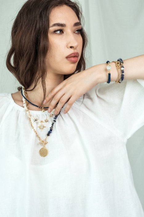 Women Gold-Plated Boho Layered Necklace Set 3Pcs, Beads with Round Pendant, Mother of Pearl with Star Pendant, Half Chain & Lapis & Round Pendant, Bohemian Trendy & Adjustable Stylish Fashion Jewelry