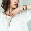  Women Gold-Plated Boho Layered Necklace Set 3Pcs, Beads with Round Pendant, Mother of Pearl with Star Pendant, Half Chain & Lapis & Round Pendant, Bohemian Trendy & Adjustable Stylish Fashion Jewelry