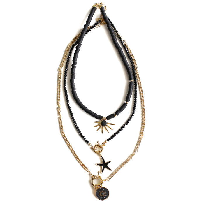 Women Gold-Plated Boho Layered Necklace Set 3Pcs, Black Flat Round Beads with Sun Pendant, Beads with Starfish Pendant, Chain with Round Pendant, Bohemian Trendy & Adjustable Stylish Fashion Jewelry