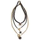  Women Gold-Plated Boho Layered Necklace Set 3Pcs, Black Flat Round Beads with Sun Pendant, Beads with Starfish Pendant, Chain with Round Pendant, Bohemian Trendy & Adjustable Stylish Fashion Jewelry