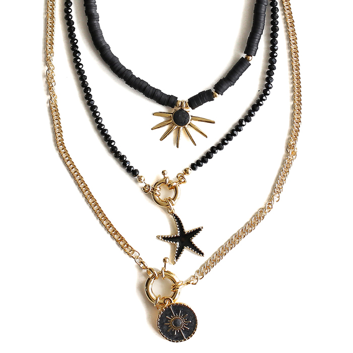 Women Gold-Plated Boho Layered Necklace Set 3Pcs, Black Flat Round Beads with Sun Pendant, Beads with Starfish Pendant, Chain with Round Pendant, Bohemian Trendy & Adjustable Stylish Fashion Jewelry