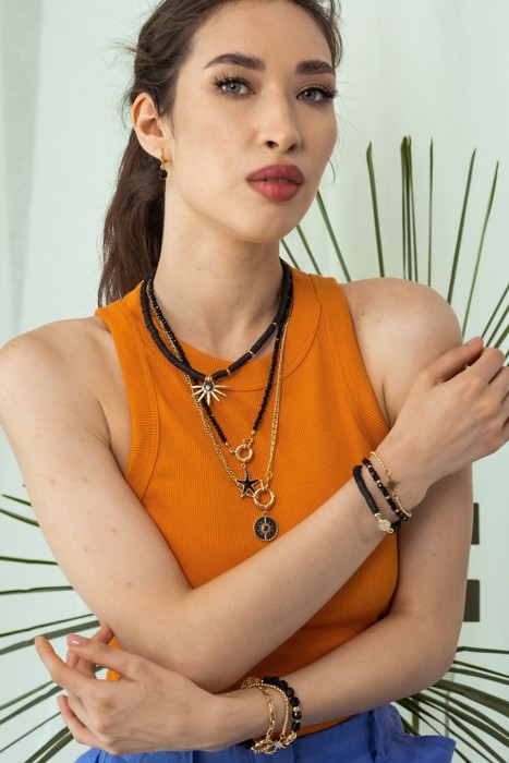 Women Gold-Plated Boho Layered Necklace Set 3Pcs, Black Flat Round Beads with Sun Pendant, Beads with Starfish Pendant, Chain with Round Pendant, Bohemian Trendy & Adjustable Stylish Fashion Jewelry