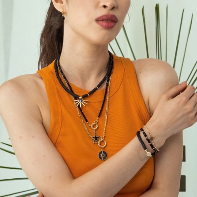 Women Gold-Plated Boho Layered Necklace Set 3Pcs, Black Flat Round Beads with Sun Pendant, Beads with Starfish Pendant, Chain with Round Pendant, Bohemian Trendy & Adjustable Stylish Fashion Jewelry