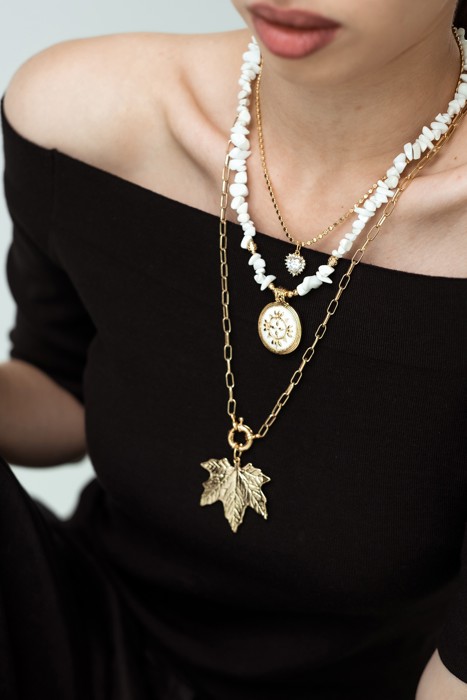 Women Gold-Plated Boho Layered Necklace Set 3Pcs, Chain with Heart Pendant, Moonstone with Round Pendant, Link Chain with Leaf Pendant, Bohemian Trendy & Adjustable Stylish Fashion Jewelry