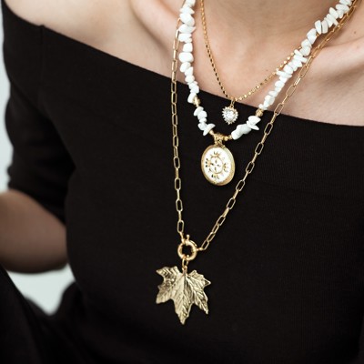 Women Gold-Plated Boho Layered Necklace Set 3Pcs, Chain with Heart Pendant, Moonstone with Round Pendant, Link Chain with Leaf Pendant, Bohemian Trendy & Adjustable Stylish Fashion Jewelry