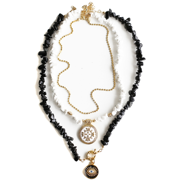 Women Gold-Plated Boho Layered Necklace Set 3Pcs, Chain, White Moonstone with Round Pendant, Black Onyx Stone with Eye Pendant, Bohemian Trendy & Adjustable Stylish Fashion Jewelry