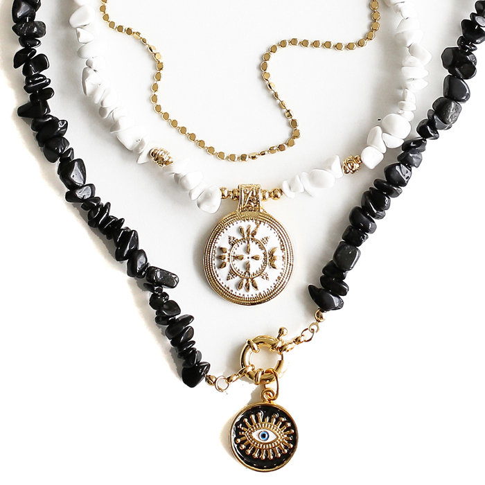 Women Gold-Plated Boho Layered Necklace Set 3Pcs, Chain, White Moonstone with Round Pendant, Black Onyx Stone with Eye Pendant, Bohemian Trendy & Adjustable Stylish Fashion Jewelry