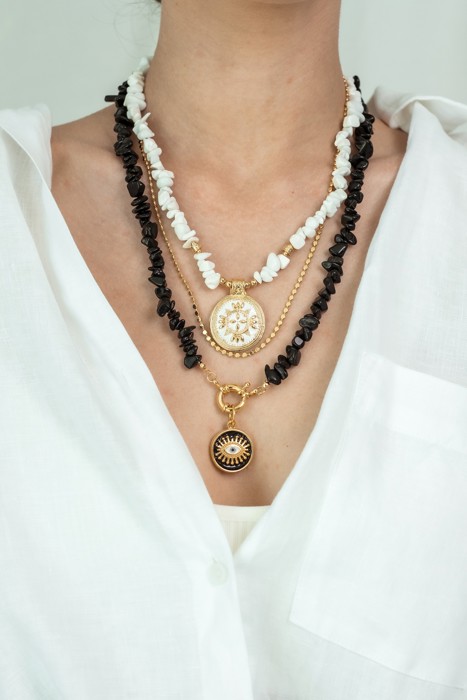 Women Gold-Plated Boho Layered Necklace Set 3Pcs, Chain, White Moonstone with Round Pendant, Black Onyx Stone with Eye Pendant, Bohemian Trendy & Adjustable Stylish Fashion Jewelry