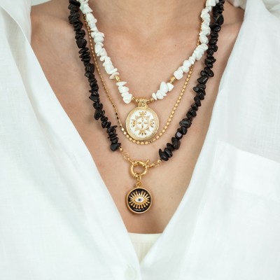 Women Gold-Plated Boho Layered Necklace Set 3Pcs, Chain, White Moonstone with Round Pendant, Black Onyx Stone with Eye Pendant, Bohemian Trendy & Adjustable Stylish Fashion Jewelry