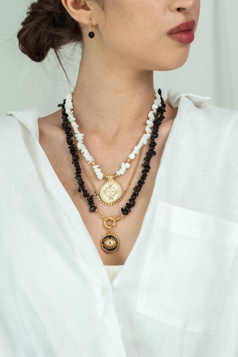 Women Gold-Plated Boho Layered Necklace Set 3Pcs, Chain, White Moonstone with Round Pendant, Black Onyx Stone with Eye Pendant, Bohemian Trendy & Adjustable Stylish Fashion Jewelry