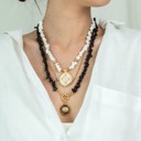  Women Gold-Plated Boho Layered Necklace Set 3Pcs, Chain, White Moonstone with Round Pendant, Black Onyx Stone with Eye Pendant, Bohemian Trendy & Adjustable Stylish Fashion Jewelry