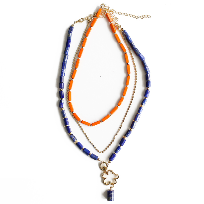 Women Gold-Plated Boho Layered Necklace Set 3Pcs, Orange Long Beads, Chain, Blue Lapis Lazuli with Flower Holder & Stone Pendant, Bohemian Trendy & Adjustable Stylish Fashion Jewelry