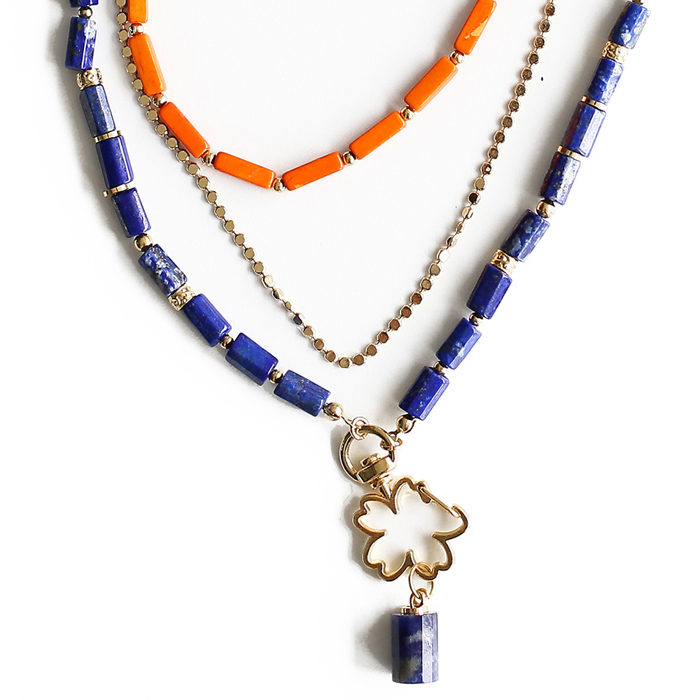 Women Gold-Plated Boho Layered Necklace Set 3Pcs, Orange Long Beads, Chain, Blue Lapis Lazuli with Flower Holder & Stone Pendant, Bohemian Trendy & Adjustable Stylish Fashion Jewelry