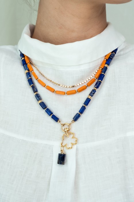 Women Gold-Plated Boho Layered Necklace Set 3Pcs, Orange Long Beads, Chain, Blue Lapis Lazuli with Flower Holder & Stone Pendant, Bohemian Trendy & Adjustable Stylish Fashion Jewelry