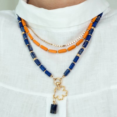 Women Gold-Plated Boho Layered Necklace Set 3Pcs, Orange Long Beads, Chain, Blue Lapis Lazuli with Flower Holder & Stone Pendant, Bohemian Trendy & Adjustable Stylish Fashion Jewelry