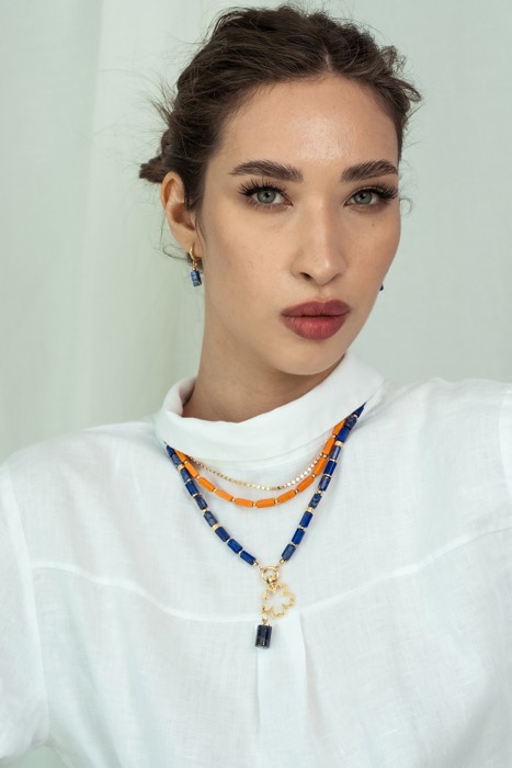 Women Gold-Plated Boho Layered Necklace Set 3Pcs, Orange Long Beads, Chain, Blue Lapis Lazuli with Flower Holder & Stone Pendant, Bohemian Trendy & Adjustable Stylish Fashion Jewelry