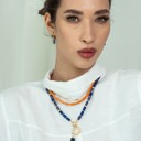  Women Gold-Plated Boho Layered Necklace Set 3Pcs, Orange Long Beads, Chain, Blue Lapis Lazuli with Flower Holder & Stone Pendant, Bohemian Trendy & Adjustable Stylish Fashion Jewelry