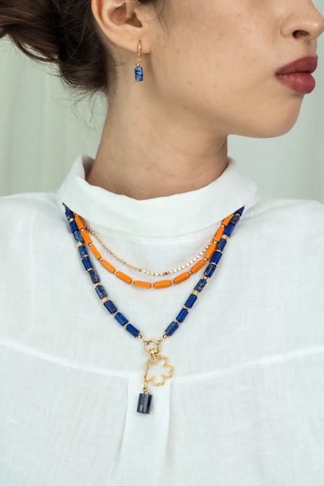 Women Gold-Plated Boho Layered Necklace Set 3Pcs, Orange Long Beads, Chain, Blue Lapis Lazuli with Flower Holder & Stone Pendant, Bohemian Trendy & Adjustable Stylish Fashion Jewelry