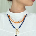  Women Gold-Plated Boho Layered Necklace Set 3Pcs, Orange Long Beads, Chain, Blue Lapis Lazuli with Flower Holder & Stone Pendant, Bohemian Trendy & Adjustable Stylish Fashion Jewelry