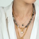  Women Gold-Plated Boho Layered Necklace Set 3Pcs, Chain with Black Square Pendant, Grey Quartz with Heart Pendant, Chain with Stone Pendant, Bohemian Trendy & Adjustable Stylish Fashion Jewelry