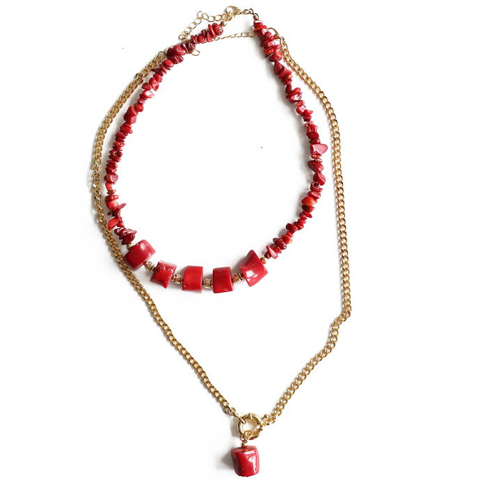 Women Gold-Plated Boho Layered Necklace Set 2Pcs, Red Coral and Beads, Chain with Stone Pendant, Bohemian Trendy & Adjustable Stylish Fashion Jewelry