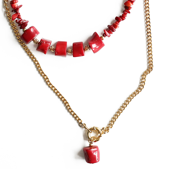 Women Gold-Plated Boho Layered Necklace Set 2Pcs, Red Coral and Beads, Chain with Stone Pendant, Bohemian Trendy & Adjustable Stylish Fashion Jewelry