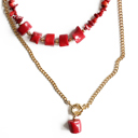  Women Gold-Plated Boho Layered Necklace Set 2Pcs, Red Coral and Beads, Chain with Stone Pendant, Bohemian Trendy & Adjustable Stylish Fashion Jewelry