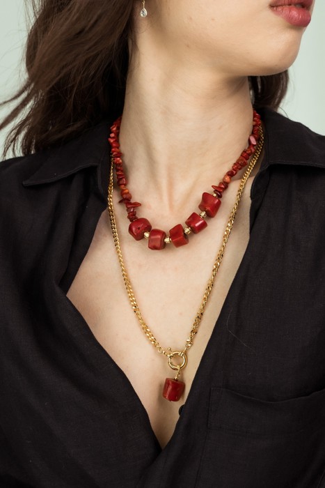 Women Gold-Plated Boho Layered Necklace Set 2Pcs, Red Coral and Beads, Chain with Stone Pendant, Bohemian Trendy & Adjustable Stylish Fashion Jewelry