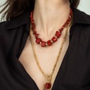  Women Gold-Plated Boho Layered Necklace Set 2Pcs, Red Coral and Beads, Chain with Stone Pendant, Bohemian Trendy & Adjustable Stylish Fashion Jewelry