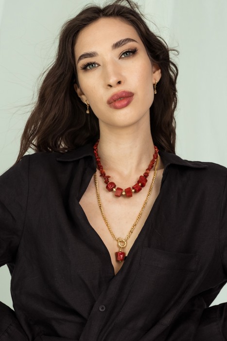 Women Gold-Plated Boho Layered Necklace Set 2Pcs, Red Coral and Beads, Chain with Stone Pendant, Bohemian Trendy & Adjustable Stylish Fashion Jewelry