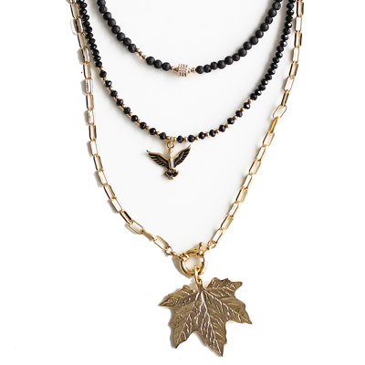 Women Gold-Plated Boho Layered Necklace Set 3Pcs, Lava Stone, Black Beads with Bird Pendant, Link Chain with Leaf Pendant, Bohemian Trendy & Adjustable Stylish Fashion Jewelry