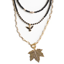  Women Gold-Plated Boho Layered Necklace Set 3Pcs, Lava Stone, Black Beads with Bird Pendant, Link Chain with Leaf Pendant, Bohemian Trendy & Adjustable Stylish Fashion Jewelry