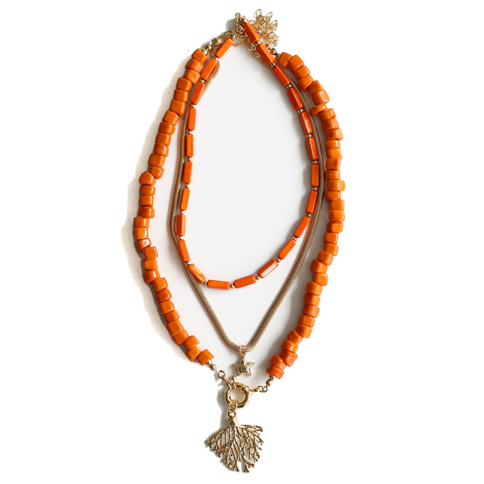 Women Gold-Plated Boho Layered Necklace Set 3Pcs, Orange Long Beads, Snake Chain with Star Pendant, Orange Beads with Leaf Pendant, Bohemian Trendy & Adjustable Stylish Fashion Jewelry