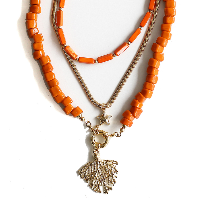 Women Gold-Plated Boho Layered Necklace Set 3Pcs, Orange Long Beads, Snake Chain with Star Pendant, Orange Beads with Leaf Pendant, Bohemian Trendy & Adjustable Stylish Fashion Jewelry