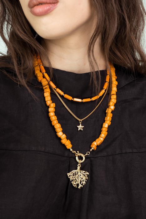 Women Gold-Plated Boho Layered Necklace Set 3Pcs, Orange Long Beads, Snake Chain with Star Pendant, Orange Beads with Leaf Pendant, Bohemian Trendy & Adjustable Stylish Fashion Jewelry