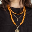  Women Gold-Plated Boho Layered Necklace Set 3Pcs, Orange Long Beads, Snake Chain with Star Pendant, Orange Beads with Leaf Pendant, Bohemian Trendy & Adjustable Stylish Fashion Jewelry