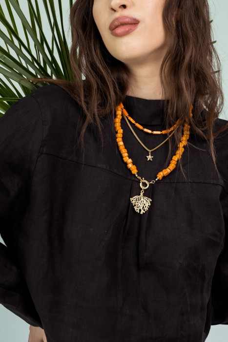 Women Gold-Plated Boho Layered Necklace Set 3Pcs, Orange Long Beads, Snake Chain with Star Pendant, Orange Beads with Leaf Pendant, Bohemian Trendy & Adjustable Stylish Fashion Jewelry