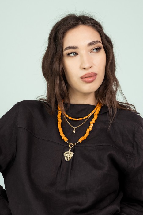 Women Gold-Plated Boho Layered Necklace Set 3Pcs, Orange Long Beads, Snake Chain with Star Pendant, Orange Beads with Leaf Pendant, Bohemian Trendy & Adjustable Stylish Fashion Jewelry